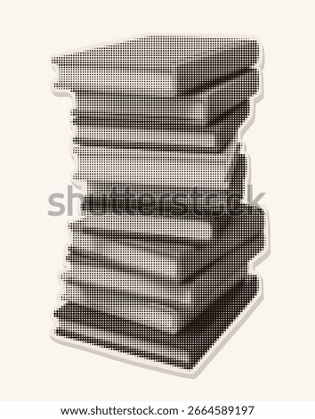 Retro halftone illustration of a stack of books. Vintage magazine cutout style. Photocopy texture. Ideal for educational materials, libraries, study themes, school designs, posters.