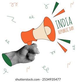 Retro Halftone India Republic Day concept. Nostalgia pop art with Halftone hand and mouthpiece in color of Indian flag. India Republic Day pop art. Vintage vector illustration for web, social media 