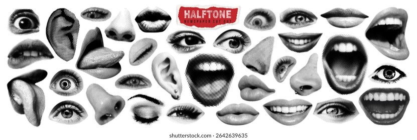 Retro halftone lips, eyes, nose and mouth in scream with monochrome photocopy effect. Brutalist female smile newspaper or magazine cut out. Torn grunge paper sticker collage art in y2k cyberpunk style