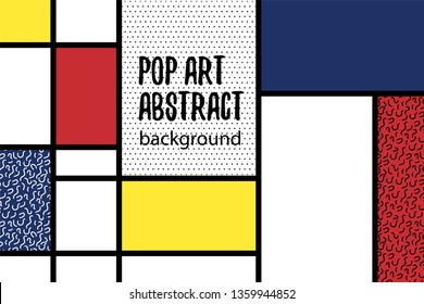 Retro halftone mondrian red yellow blue geometric background. Minimal trendy fashion style poster. Line art design. Abstract neoplasticism. Grid geometry backdrop.
