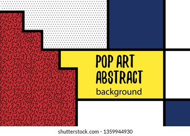 Retro halftone mondrian red yellow blue geometric background. Minimal trendy fashion style poster. Line art design. Abstract neoplasticism. Grid geometry backdrop.