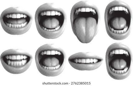 Retro Halftone Mouth Bundle Pop Art Lips Vector Collection Set