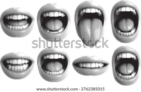 Retro Halftone Mouth Bundle Pop Art Lips Vector Collection Set