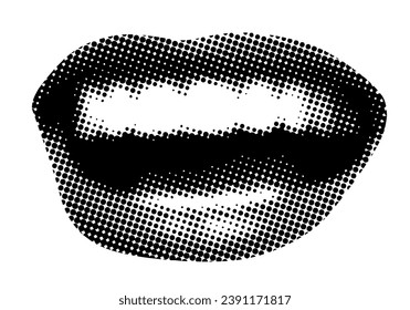 Retro halftone mouth. Modern collage. Woman's smile. Pop art dotted style. Laughing mouth. Trendy vintage newspaper parts. Lips with halftone texture. Paper cutout element. Y2K style. Body part