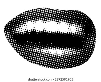 Retro halftone mouth. Modern collage. Woman's smile. Pop art dotted style. Laughing mouth. Trendy vintage newspaper parts. Lips with halftone texture. Paper cutout element. Y2K style. Body part