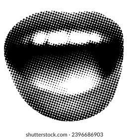 Retro halftone mouth. Modern collage. Woman's smile. Pop art dotted style. Laughing mouth. Trendy vintage newspaper parts. Lips with halftone texture. Paper cutout element. Y2K style. Body part