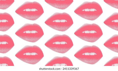 Retro halftone mouth seamless pattern. Modern collage elements with Woman's smile. Pop art dotted style. Trendy vintage Valentine's day background. Lips with halftone texture. Vector in Y2K style.