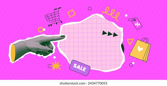 Retro halftone paper collage hand with doodle element. Online shopping and sale concept. Modern contemporary vector illustration 