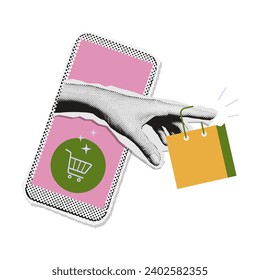 Retro halftone paper collage. Online shopping or online sale concept stickers. Hand coming out of phone, taking paper bag. Vector