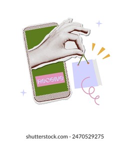 Retro halftone paper collage. Online shopping or online sale concept stickers. Hand coming out of phone, taking paper bag. Vector