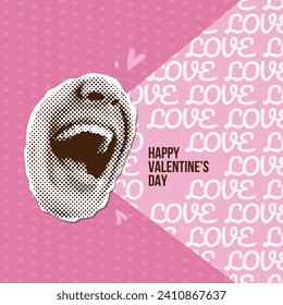 Retro halftone Paper cutout element with shouting mouth with declaration of love. Y2K collage style Trendy vintage newspaper parts. Torn paper Smiling lips. Vector banner design.