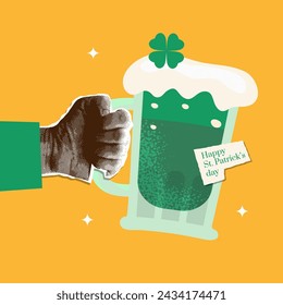 Retro halftone paper hand holding green beer for Patrick's day. Vector vintage collage illustration of beer mug for Patricks party.