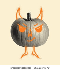 Retro halftone pumpkin with devilish doodle scribble, horns, and a graffiti splatter. Vintage, bold and playful Halloween design. Perfect for seasonal graphics, decor, and party invitations.