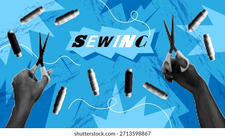 Retro-Halbtonnähen. Hände mit Schere. Craft-Collage. Garnspulen und -nadeln. Punktelemente. Modestickerei. Schneiden Sie die Strände. Nähwerkzeuge für Bekleidung. Handwerkliches Poster. Vektorgrau Vintage