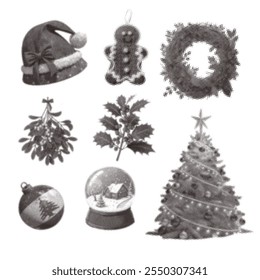 Retro halftone silhouettes of Christmas holiday elements in monochrome dotted or stippling style. Set retro graphic toys and florals with photocopy grunge effects. Vector illustration.