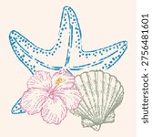 Retro Halftone Starfish and Seashell Illustration with Pink Hibiscus Flower, Vintage Dotted Pop Art Beach Life Vector, Tropical Marine Collection for Summer Design and Apparel Art.