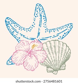 Retro Halftone Starfish and Seashell Illustration with Pink Hibiscus Flower, Vintage Dotted Pop Art Beach Life Vector, Tropical Marine Collection for Summer Design and Apparel Art.