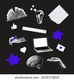 Conjunto de adesivos de meio-tom retro - cérebro, laptop, mão, lâmpada e ícones