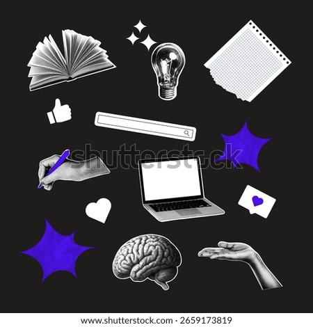 Retro Halftone Sticker Set – Brain, Laptop, Hand, Light Bulb and Icons