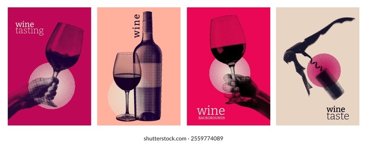 retro halftone style illustration for wine designs	