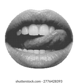 Retro halftone vector illustration of a classic open mouth with sleek lines and chrome details, representing a vintage automotive design concept, halftone