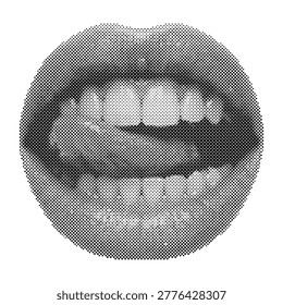 Retro halftone vector illustration of a pair of lips smiling with teeth visible isolated on white background halftone illustration