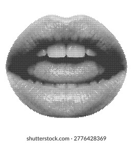 Retro halftone vector illustration of a pair of lips with teeth visible showcasing a close-up view and detailed texture halftone illustration