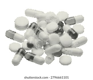 Retro halftone vector illustration of scattered antibiotic pills and capsules with circle dot pattern isolated on white background