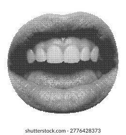 Retro halftone vector illustration of a smiling face and a big smile, showcasing a happy expression and positive emotion, halftone