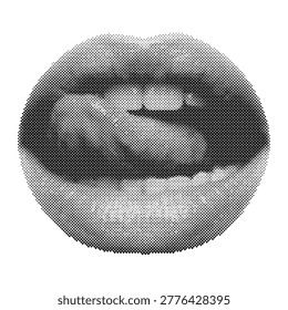 Retro halftone vector illustration of a vintage open mouth with a classic design and lens detail, showcasing a timeless photography concept, halftone