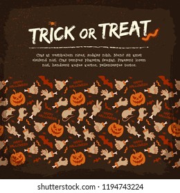 Retro Halloween background with text zombie arm gestures bat rat pumpkin spider worm caterpillar vector illustration