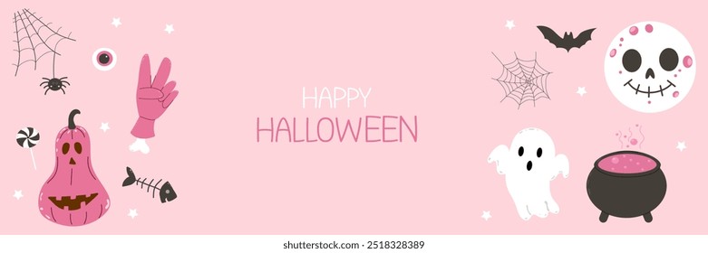 Retro Halloween banner with cute ghosts, pumpkins and magic potions. October holiday decor, greeting cards, party invitations. Flat style vector isolated on pink background.