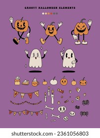 Retro Halloween cartoon mascot characters sticker set. Scary pumpkins, cute spooky ghosts, decoration elements. 70s linear old animation style mascot collection. Vintage comic vector avatar. Isolated