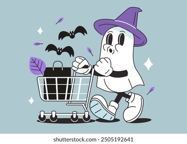 Retro Halloween character. Cartoon comic groovy ghost with shopping cart. Holiday sale and promotion. Vector illustration.