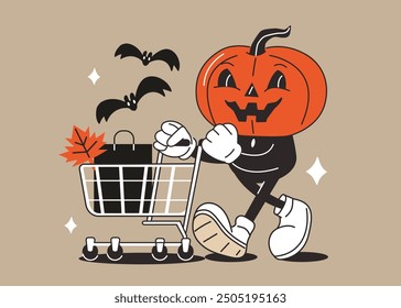 Personaje de Halloween retro. Calabaza groovy cómico de dibujos animados con Carrito de compras. Venta y promoción de Festiva. Ilustración vectorial.