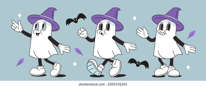 Retro Halloween character set. Cartoon comic groovy ghost collection. Vintage holiday season. Vector illustration.