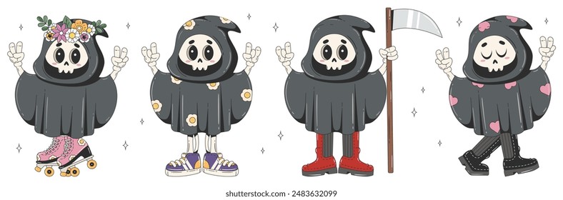 Retro Halloween characters in boots and rollerskates. Cute ghosts in trendy groovy style. Vector cartoon set