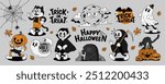 Retro Halloween characters. Cartoon festive atmosphere with creepy ghost, funny pumpkin, vampire, moon, bat, black cat. Scary decorations. Happy Halloween vector lettering.