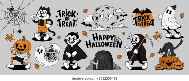 Personagens de Halloween retrô. Cartoon atmosfera festiva com fantasma assustador, abóbora engraçada, vampiro, lua, morcego, gato preto. Decorações assustadoras. Feliz Dia das Bruxas com letras vetoriais.