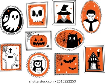 Personajes retro de Halloween en estilo de arte enmarcado con fantasmas calabazas brujas vampiros y criaturas espeluznantes para decoraciones