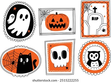 Personajes retro de Halloween en estilo de arte enmarcado con fantasmas calabazas brujas vampiros y criaturas espeluznantes para decoraciones