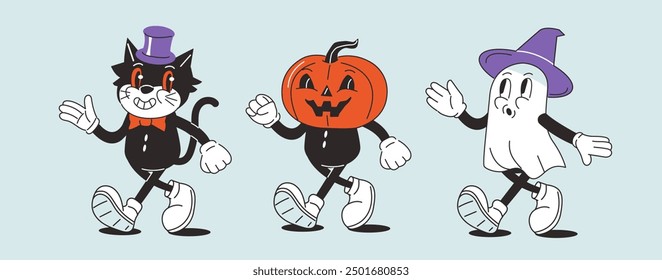 Retro Halloween characters set. Cartoon comic cat, pumpkin and ghost collection. Vector illustration.