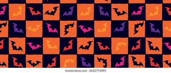 Retro Halloween Checkerboard Seamless Pattern with Bat Icons in Orange, Red, and Purple. Fun and vibrant seamless design ideal for festive packaging, scrapbook papers, print, web and Halloween textile