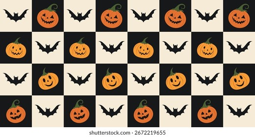 Retro Halloween Checkerboard Seamless Pattern with Pumpkin and Bat for Vintage Digital Paper, Fabric, and Wrapping Design