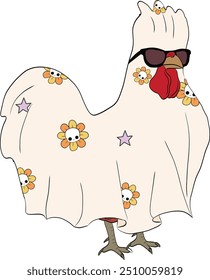 Retro Halloween Chicken Ghost with sunglasses. Art and Illustration