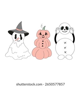 Retro Halloween Christmas Fusion Vector Illustration set of Melting Sheet Ghost Snowman in Witch Hat, Pumpkin Snowman, Detached Head Snowman with Hollow Eyes. Perfect for spooky holiday cards, themed
