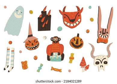 Retro Halloween clipart set. Spooky pumpkins, ghost, devil with horns, odd rabbit, scary vintage toy, dark candles, fly agaric, alive skull, and candy. Vector hand-drawn collection.