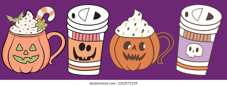 Retro Halloween Coffee Drink and Ice Cream Graphic Design Set