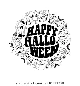 Retro Halloween design with the text "Happy Halloween" surrounded by groovy, hand-drawn characters and spooky elements like witches, ghosts, bats, and skeletons. Vector illustration