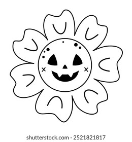 Clipart de flores de Halloween retro. Blanco y negro groovy objeto de Halloween . Ilustración vectorial dibujada a mano en estilo plano.